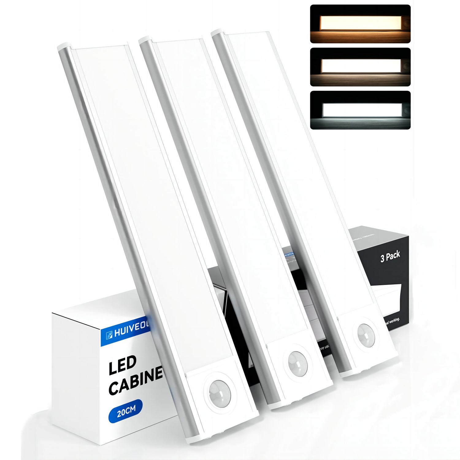 8'' Cordless Cabinet Lights (3 Pack) - LED, 1000mAh, Rechargeable, Magnetic Sensor Closet Lights