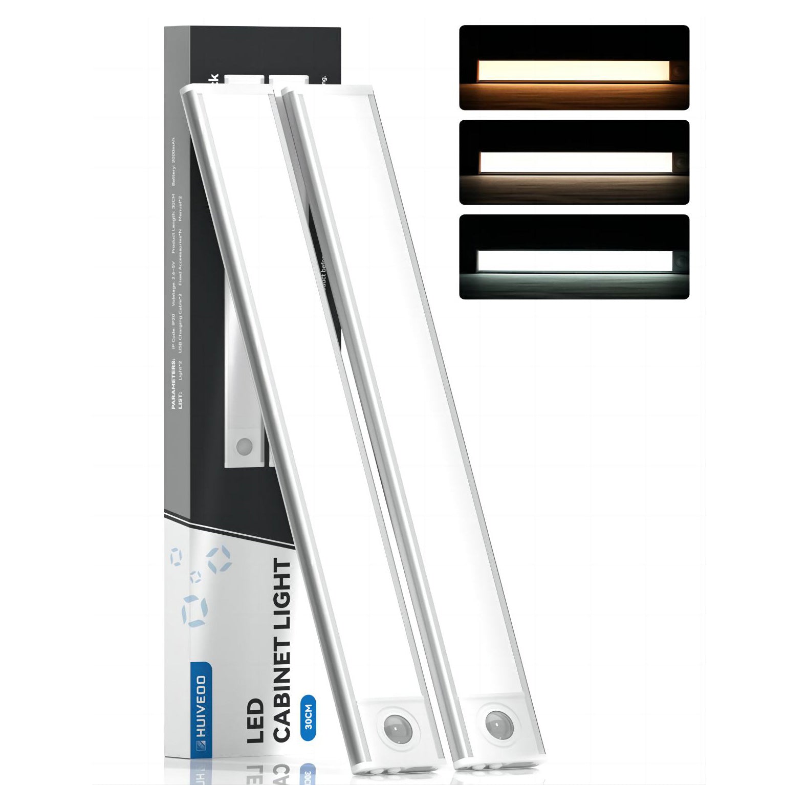 12'' Cordless Cabinet Lights (2 Pack) - LED, 2000mAh, Rechargeable, Magnetic Sensor Closet Lights