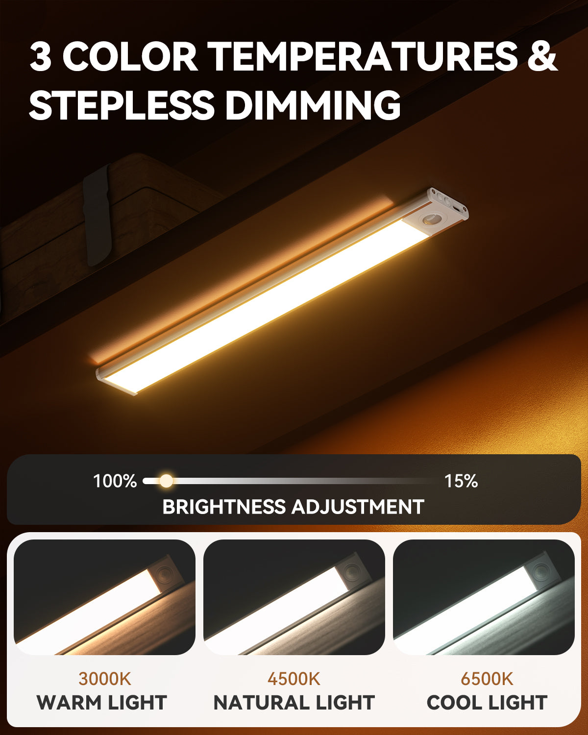 8'' Cordless Cabinet Lights (3 Pack) - LED, 1000mAh, Rechargeable, Magnetic Sensor Closet Lights
